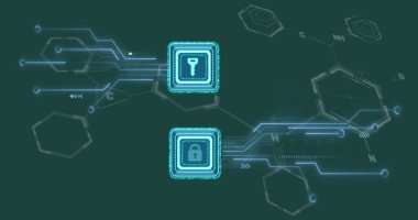 Yeşil zemin üzerindeki kimyasal formülün üzerinde anahtar ve asma kilit simgeleri. Küresel bilim, bilgisayar ve dijital arayüz kavramı dijital olarak oluşturulmuş görüntü.