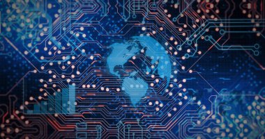 Dijital arkaplan üzerinden küresel ağ ve devre kartı resmi. Teknoloji, ağ oluşturma, iletişim, veri, internet, siber güvenlik
