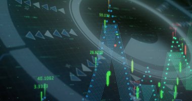 Siyah arkaplanda veri işleme ve tarama görüntüsü. Küresel teknoloji ve dijital arayüz konsepti dijital olarak oluşturuldu.