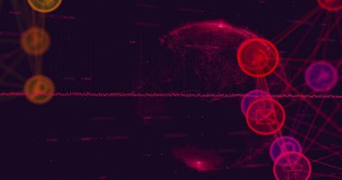 Dünya üzerindeki simgelerle bağlantı ağının resmi. Dijital olarak oluşturulmuş küresel bağlantılar, hesaplama ve veri işleme kavramı.