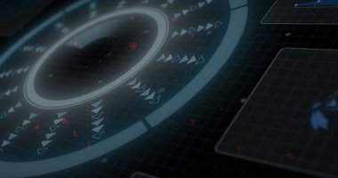 Siyah arkaplanda tarama ve veri işleme görüntüsü. Küresel teknoloji, bilgisayar ve dijital arayüz kavramı dijital olarak oluşturulmuş görüntü.