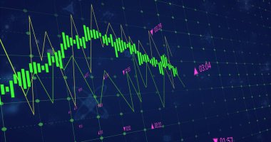 Siyah arka plandaki moleküller üzerinden finansal veri işleme resmi. Küresel tıp, bilim, bilgisayar ve dijital arayüz kavramı dijital olarak oluşturulmuş görüntü.