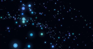 Siyah arkaplanda parlayan ışık lekeleri. Işık, renk ve hareket kavramı dijital olarak oluşturuldu.
