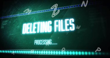 Yeşil arkaplan üzerinde dosya metni ve dijital veri işleme resmi siliniyor. Küresel siber güvenlik, bağlantılar, hesaplama ve veri işleme kavramı dijital olarak oluşturuldu.