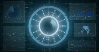 Bağlantılar, diyagramlar ve küreyle veri işleme üzerinde tarama yaparken görüntüsü. Teknoloji ve dijital arayüz kavramı dijital olarak oluşturuldu.