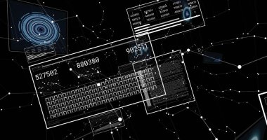 Siyah arkaplan üzerindeki veri işleme ve diyagramlarının resmi. İş, teknoloji ve dijital arayüz kavramı dijital olarak oluşturuldu.