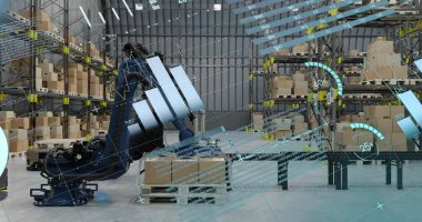 Depodaki finansal veri işleme görüntüsü. Küresel taşımacılık, finans, iş, bağlantılar, hesaplama ve veri işleme kavramı dijital olarak oluşturulmuş görüntü.