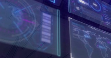 Koyu arkaplan üzerinde veri işleme ve diyagramlarının resmi. küresel iş ve dijital arayüz kavramı dijital olarak oluşturulmuş görüntü.