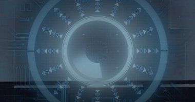 Oklarla ve sembollerle dönen dairesel arayüz, fütürist teknoloji görüntüsü. dijital, tasarım, yenilik, konsept