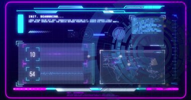 Çizelgelerin üzerindeki dairesel tarayıcının görüntüsü arayüz ekranında veri işliyor. Veri, dijital arayüz, bağlantı, işlem, iş ve iletişim, dijital olarak oluşturulmuş görüntü.