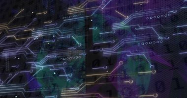 Bilgisayar devre kartından dijital veri işleme resmi. Dijital olarak oluşturulmuş küresel bağlantılar, hesaplama ve veri işleme kavramı.