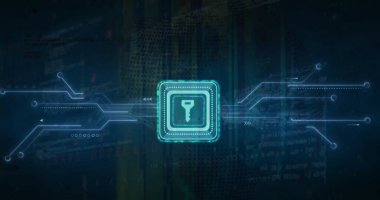 Bilgisayar devre kartının üzerinde anahtar simgesi ve dijital veri işleme resmi. Dijital olarak oluşturulmuş küresel bağlantılar, hesaplama ve veri işleme kavramı.