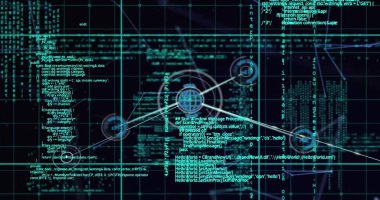 Veri işleme üzerine simgelerle bağlantı ağının resmi. Küresel iş ve dijital arayüz kavramı dijital olarak oluşturulmuş görüntü.