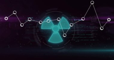 Bağlı düğümler ve veri noktalarıyla radyasyon sembolü, bilimsel veri analiz görüntüsü. Bilim, teknoloji, bağlantı, ağ, araştırma, görselleştirme