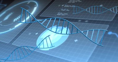 Diyagramlar ve veri işleme üzerindeki DNA iplikçiklerinin resmi. Teknoloji, bilim ve dijital arayüz kavramı dijital olarak oluşturulmuş görüntü.