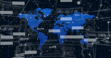 Dünya haritası ve paraziti üzerinde şema ve veri işleme resmi. Küresel teknoloji ve dijital arayüz konsepti dijital olarak oluşturuldu.