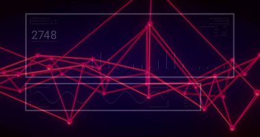 Kırmızı ağ bağlantıları ve veriler, koyu arkaplan üzerinden sayısal verileri gösteriyor. Teknoloji, dijital, ağ, siber, fütüristik, soyut