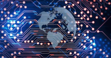 Dünya haritasının üzerindeki devre kartı resmi, küresel dijital bağlantıyı temsil ediyor. Teknoloji, ağ, yenilik, siber alan, veri, iletişim