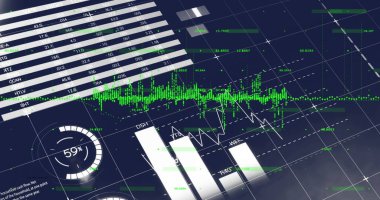 Mavi arka planda finansal veri işleme resmi. Küresel finans, iş, bağlantılar, hesaplama ve veri işleme kavramı dijital olarak oluşturuldu.