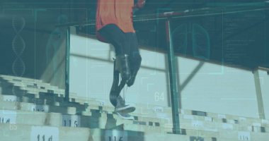 Aşağıda yürüyen protez bacaklı birinin tıbbi veri ve DNA analizi görüntüsü. Sağlık, teknoloji, biyoenformatik, genetik, protez, biyomekanik