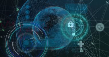 Veri işleme ve dünya üzerindeki bağlantı ağının resmi. Dijital olarak oluşturulmuş küresel bağlantılar, hesaplama ve veri işleme kavramı.