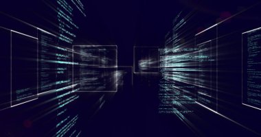 Parlayan kırmızı ışıkta dijital kod ve veri işleme görüntüsü. Teknoloji, siber güvenlik, ağ, bilgi, programlama, siber