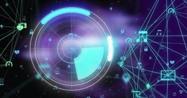 Kapsam taraması resmi ve siyah arkaplandaki simgelerle bağlantı ağı. Küresel teknoloji, bağlantılar, hesaplama ve dijital arayüz kavramı dijital olarak oluşturulmuş görüntü.