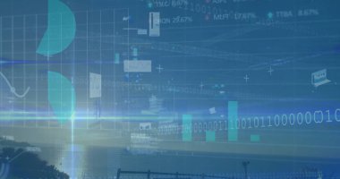 Şehrin arka planında ikili kodlama ve finansal veri işleme resmi. Teknoloji, finans, dijital, gelecekçi, kentsel, sanal