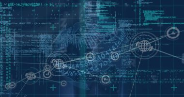 Veri işleme ve kara arkaplanda bağlantı ağına sahip dünya görüntüsü. Küresel teknoloji, bağlantılar, hesaplama ve dijital arayüz kavramı dijital olarak oluşturulmuş görüntü.