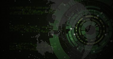 Siyah arkaplanda dünya çapında tarama ve veri işleme görüntüsü. Dijital olarak oluşturulmuş küresel bağlantılar, hesaplama ve veri işleme kavramı.