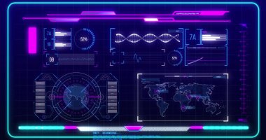 Koyu arkaplanda dijital veri işleme resmi. Dijital olarak oluşturulmuş küresel bağlantılar, hesaplama ve veri işleme kavramı.