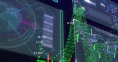 Siyah arkaplanda veri işleme resmi. Küresel teknoloji, bilgisayar ve dijital arayüz kavramı dijital olarak oluşturulmuş görüntü.