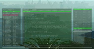 Image of data processing over cityscape. Global technology and digital interface concept digitally generated image.
