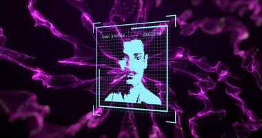 Siyah arkaplanda insan simgeleri ve mor şekillerle veri işleme görüntüsü. Teknoloji, iş ve dijital arayüz kavramı dijital olarak oluşturulmuş görüntü.