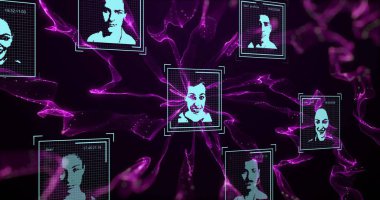 Siyah arkaplanda insan simgeleri ve mor şekillerle veri işleme görüntüsü. Teknoloji, iş ve dijital arayüz kavramı dijital olarak oluşturulmuş görüntü.