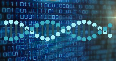 Image of dna strand and binary coding data processing. Global science, connections, computing and data processing concept digitally generated image. clipart