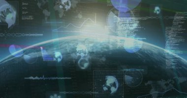 Dünya üzerindeki dürbün ve veri işleme görüntüsü. Dijital olarak oluşturulmuş küresel bağlantılar, hesaplama ve veri işleme kavramı.