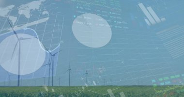 Rüzgâr türbinleri, finansal veriler ve gökyüzü üzerindeki görüntü haritalarıyla birlikte sahada. Yenilenebilir enerji, rüzgar gücü, sürdürülebilirlik, teknoloji, finans