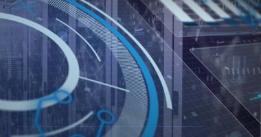 Sunucu odasını tarayan veri işleme görüntüsü. Küresel teknoloji, bilgisayar ve dijital arayüz kavramı dijital olarak oluşturulmuş görüntü.