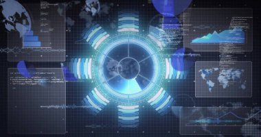 Siyah arkaplan üzerinde tarama ve dijital veri işleme resmi. Küresel siber güvenlik, bağlantılar, hesaplama ve veri işleme kavramı dijital olarak oluşturuldu.