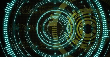 Hareket eden şekilleri tarayan bir kamera görüntüsü. Teknoloji, bilim ve dijital arayüz kavramı dijital olarak oluşturulmuş görüntü.