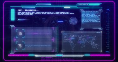 Dünya haritası üzerinde veri işleme ve diyagramlarının resmi. Küresel iş ve dijital arayüz kavramı dijital olarak oluşturulmuş görüntü.