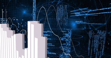 Veri işleme ve hareket eden şekillerin diyagramlarının resmi. Teknoloji, iş ve dijital arayüz kavramı dijital olarak oluşturulmuş görüntü.