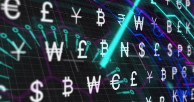 Siyah arkaplandaki şekillerle tarama kapsamı üzerinde para birimi sembollerinin resmi. Küresel teknoloji, bilgisayar ve dijital arayüz kavramı dijital olarak oluşturulmuş görüntü.