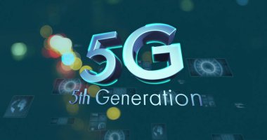 5G 5. Nesil metin resmi fütüristik teknoloji simgeleri ve bokeh ışıkları üzerinde. yenilikçi, ağ, bağlantı, telekom, internet, kablosuz