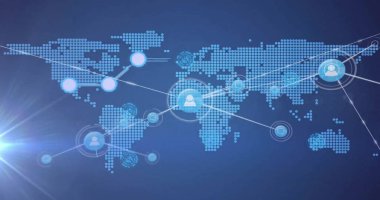 Dünya haritası üzerindeki simgelerle bağlantı ağının resmi. Küresel iş ve dijital arayüz kavramı dijital olarak oluşturulmuş görüntü.