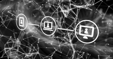 Siyah arkaplanda beyaz şekiller üzerinde simgelerle bağlantı ağının resmi. Küresel teknoloji, hesaplama, bağlantılar ve dijital arayüz konsepti dijital olarak oluşturuldu.