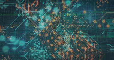 Karanlık arka planda devre kartı olan dijital veri işleme resmi. Dijital olarak oluşturulmuş küresel bağlantılar, hesaplama ve veri işleme kavramı.