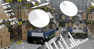 Depodaki finansal veri işleme görüntüsü. Küresel taşımacılık, finans, iş, bağlantılar, hesaplama ve veri işleme kavramı dijital olarak oluşturulmuş görüntü.