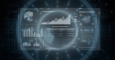 Siyah arkaplanda tarama ve veri işleme görüntüsü. Küresel teknoloji, bilgisayar ve dijital arayüz kavramı dijital olarak oluşturulmuş görüntü.